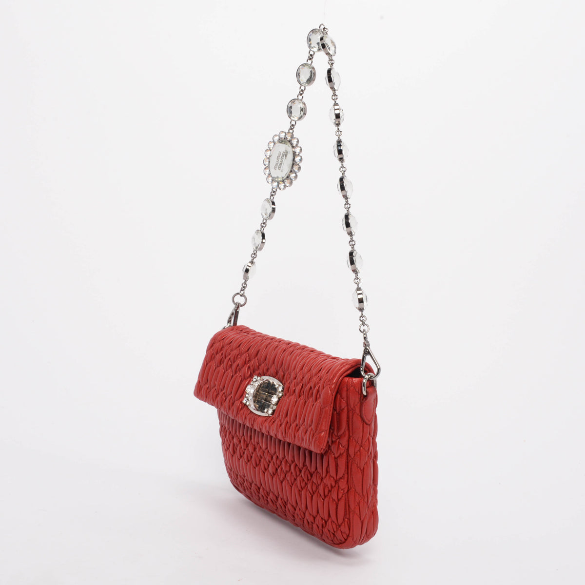 Miu Miu Red Matelasse Crystal Strap Shoulder Bag