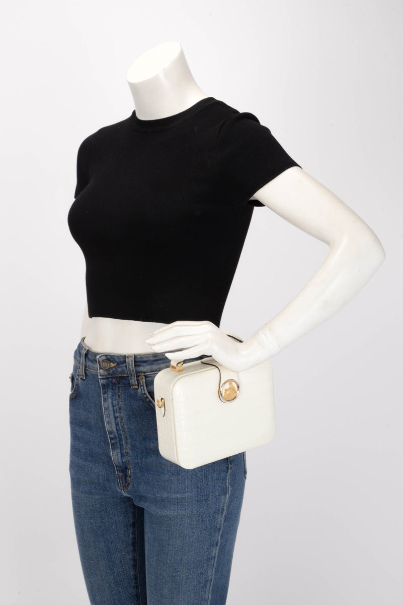 Lanvin White Croc Embossed Bento Box Top Handle Bag