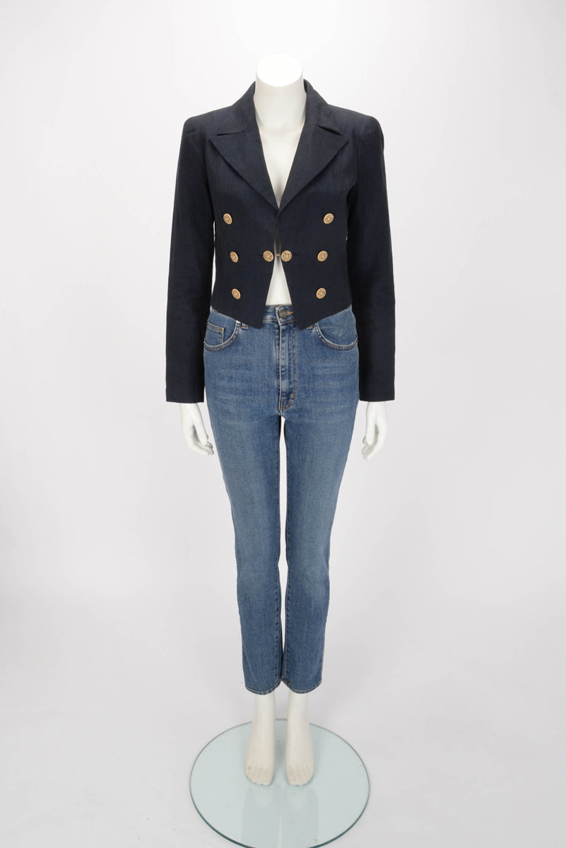 Chanel Navy Linen Cropped Military Jacket FR 38