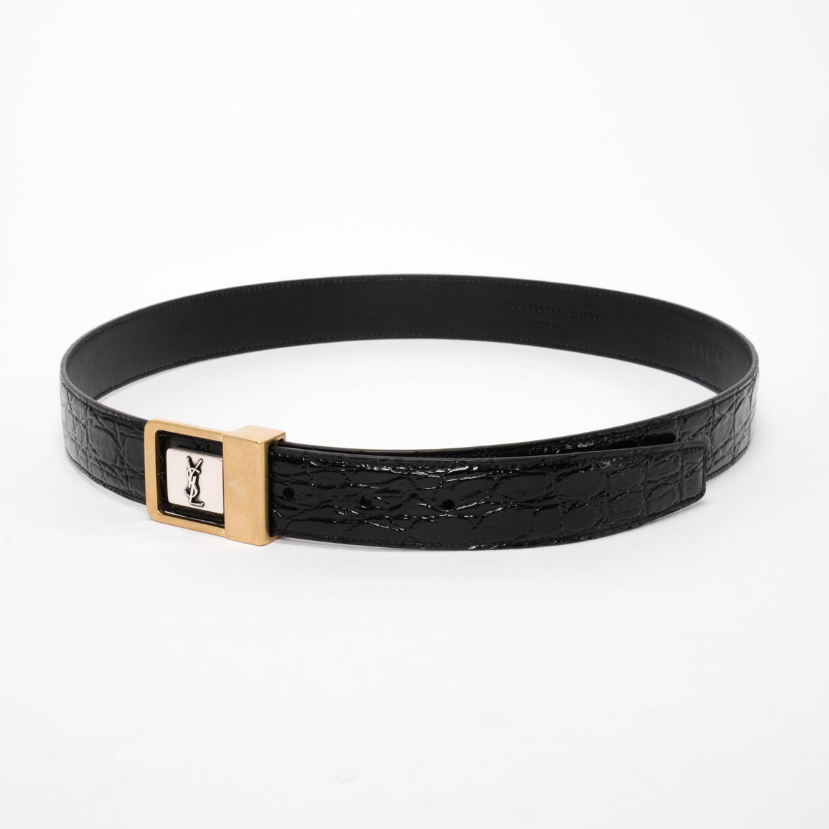 Saint Laurent Black Croc Embossed Leather Logo Buckle Belt