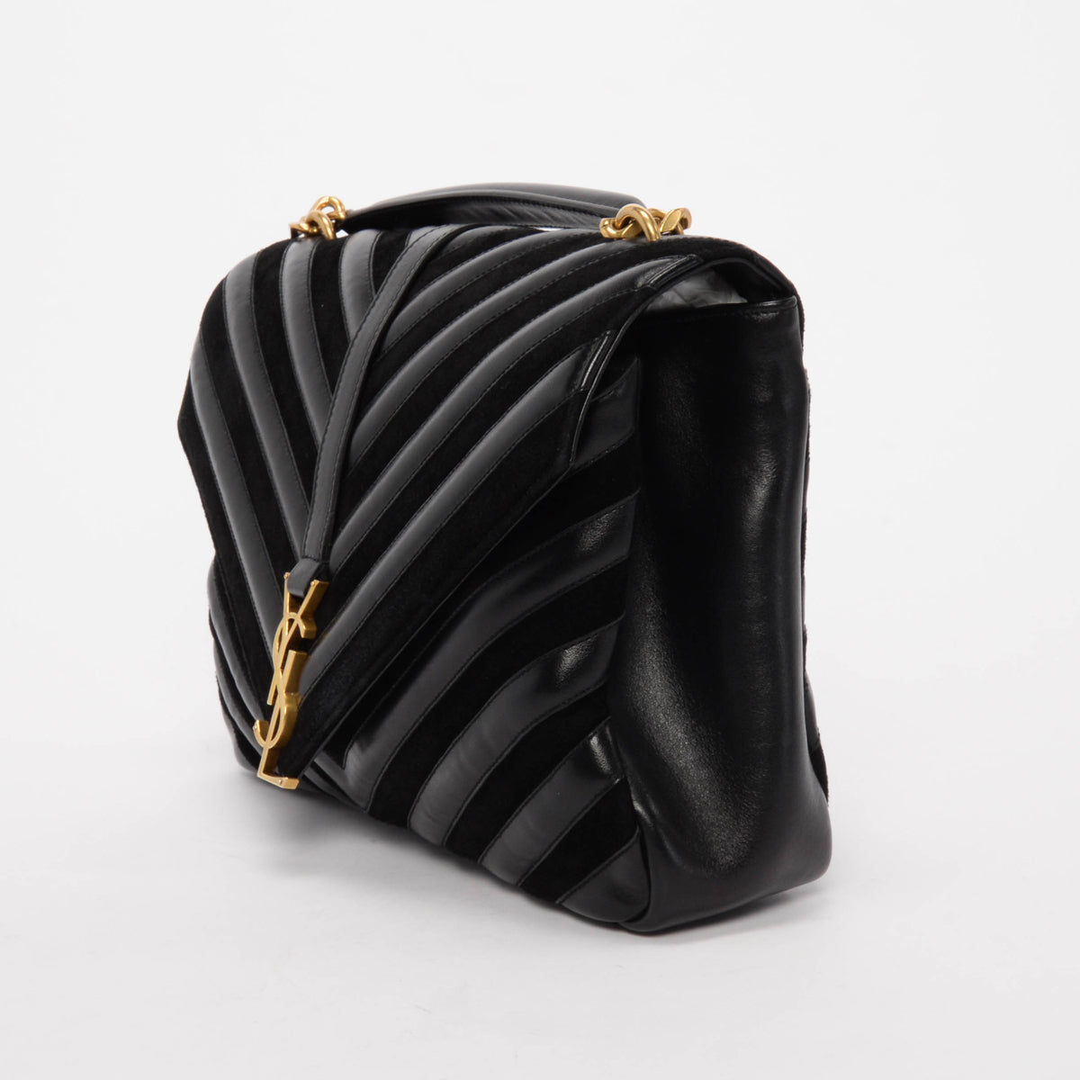 Saint Laurent Black Chevron Calfskin & Suede Large College Bag