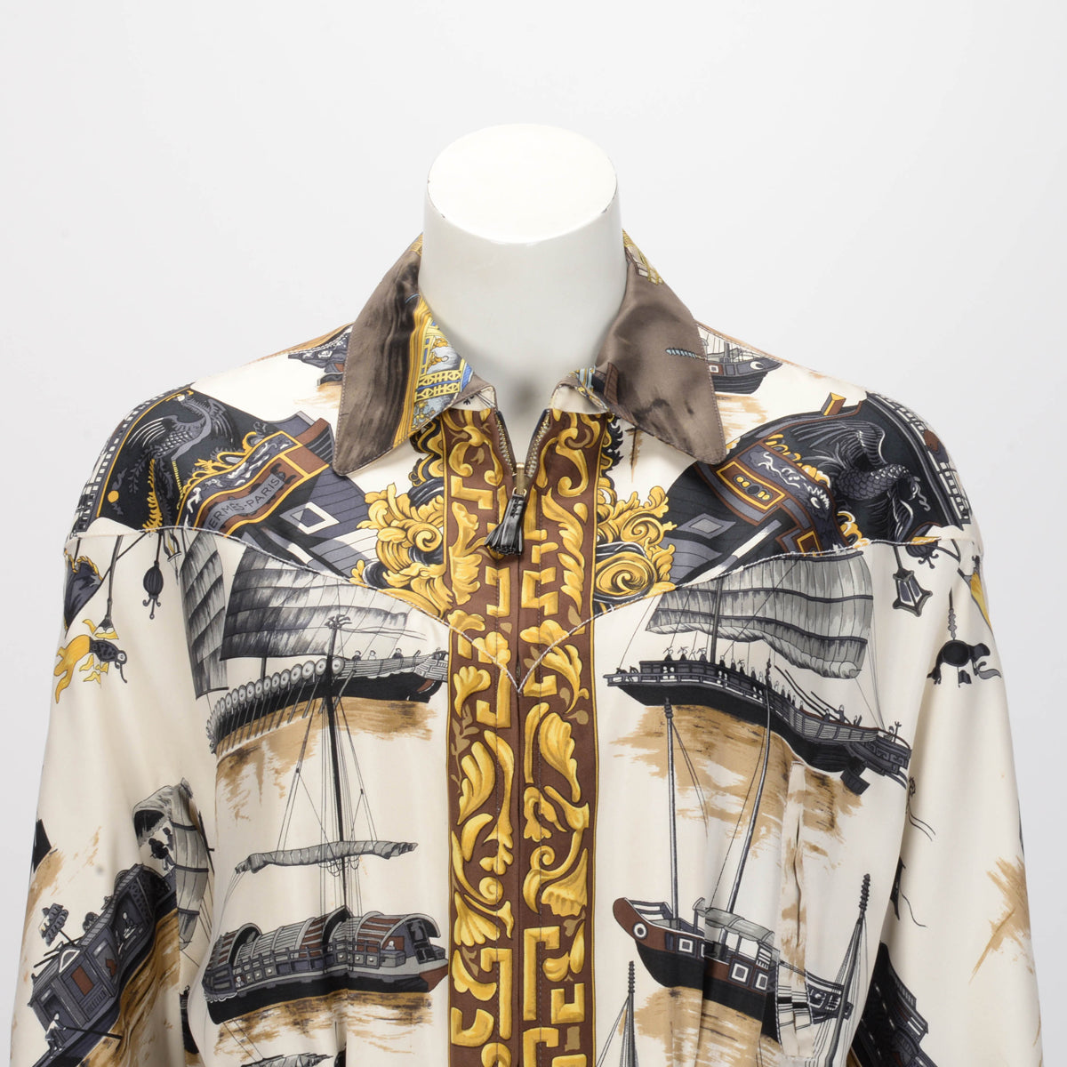Hermes Brown & Cream Silk Jonques et Sampans Reversible Jacket FR 40