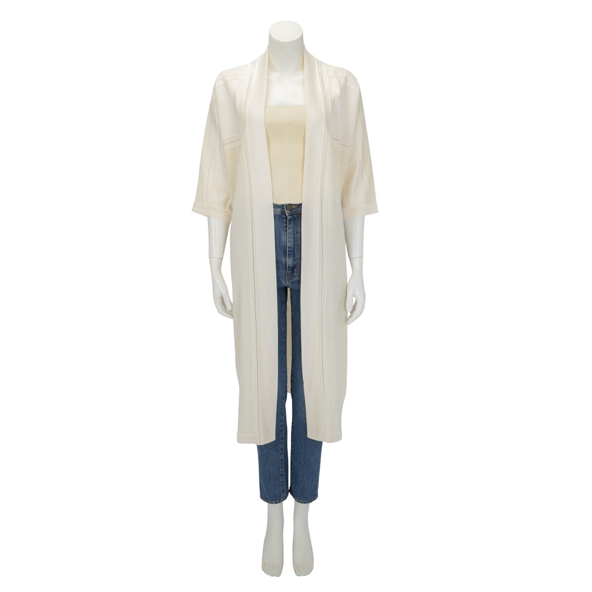 Hermes Ivory Silk Geometric Knit Long Cardigan FR 42