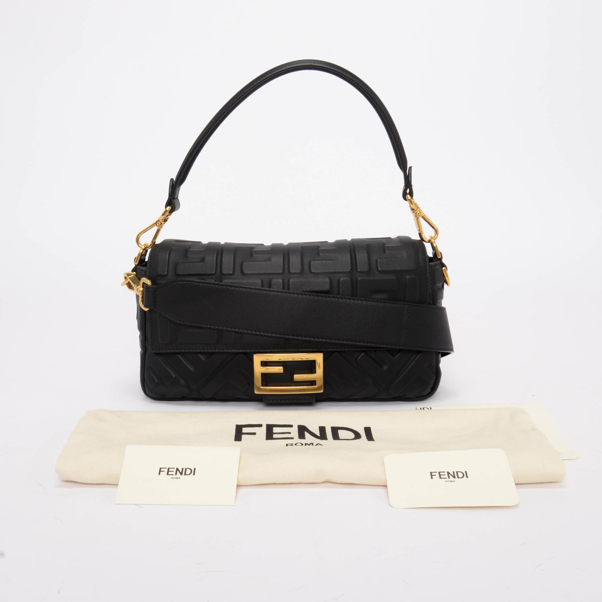 Fendi Black Nappa FF Embossed Baguette Bag