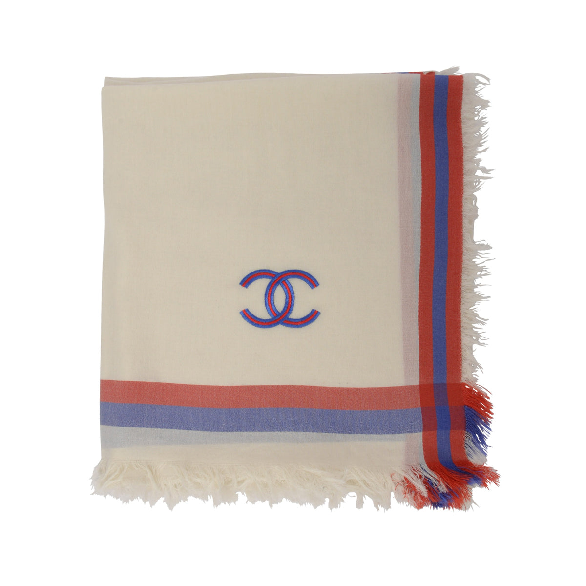 Chanel White Striped Cotton & Silk CC Shawl
