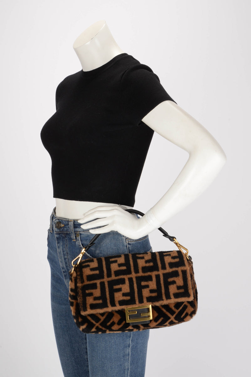 Fendi Tobacco & Black FF Shearling Baguette Bag