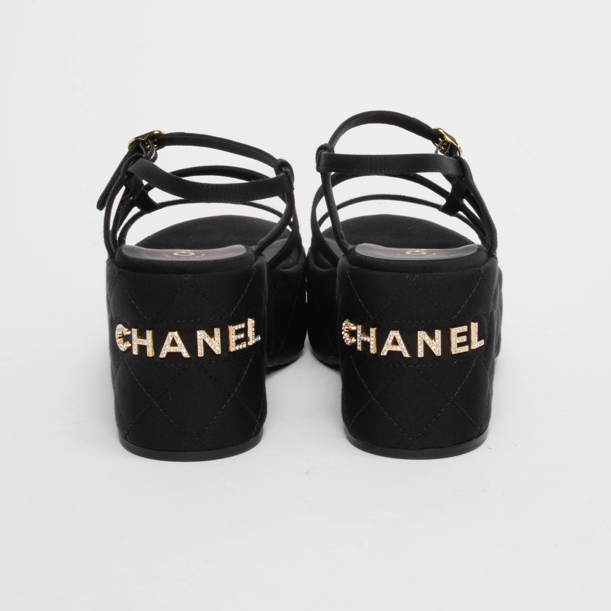 Chanel Black Grosgrain Crystal Logo Platform Sandals 40