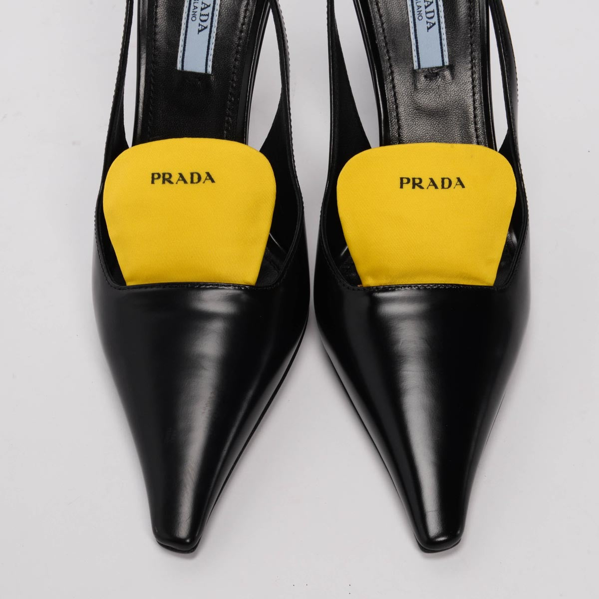 Prada Black Hi-Shine Logo Print Slingback Pumps 36