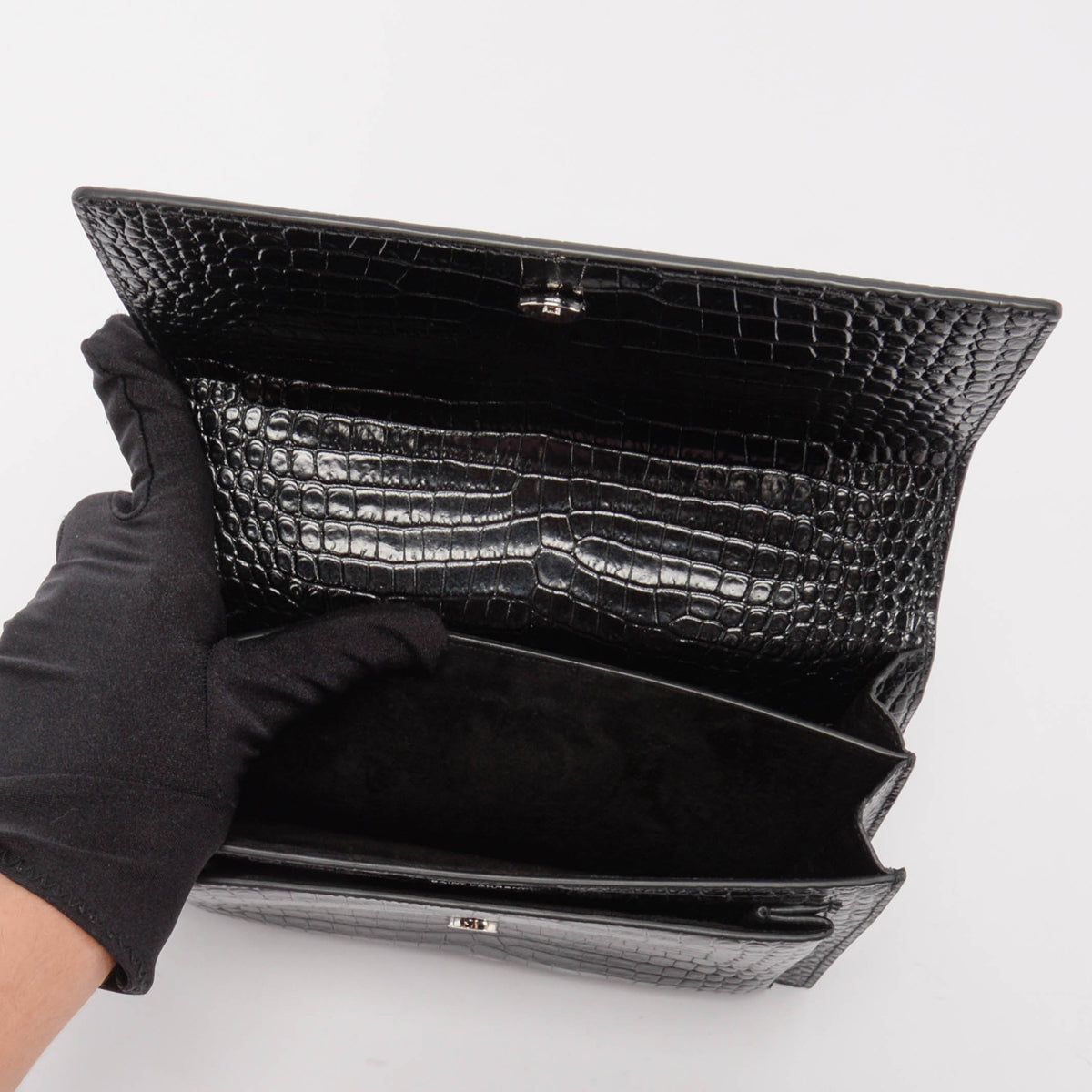 Saint Laurent Black Croc Embossed Medium Sunset Bag