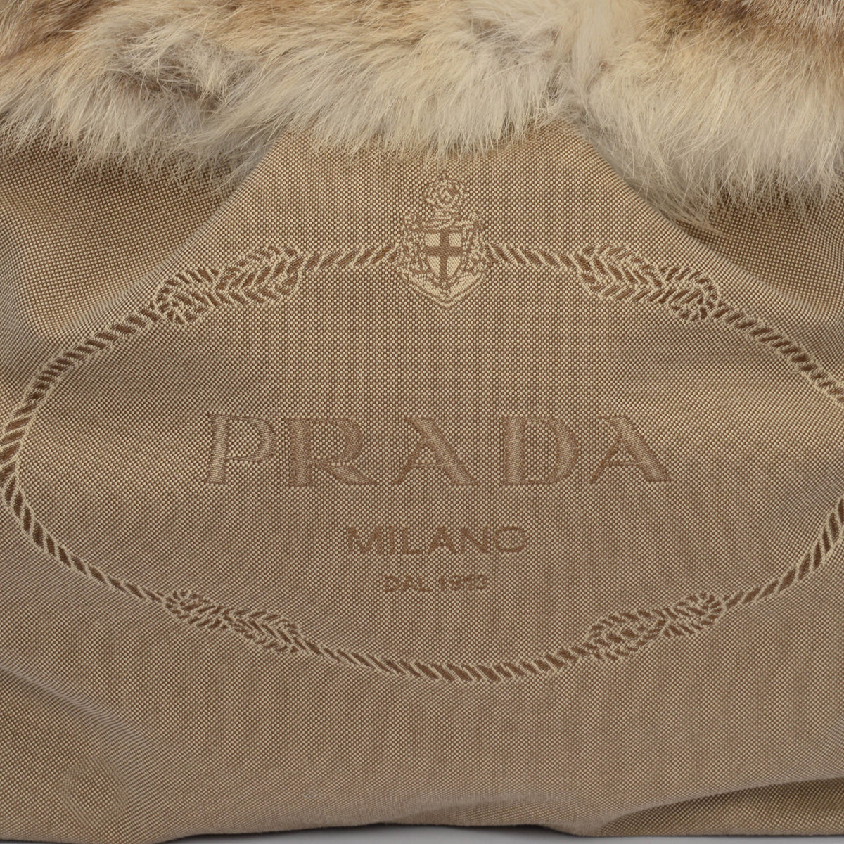 Prada Beige Logo Jacquard and Fur Hobo Bag