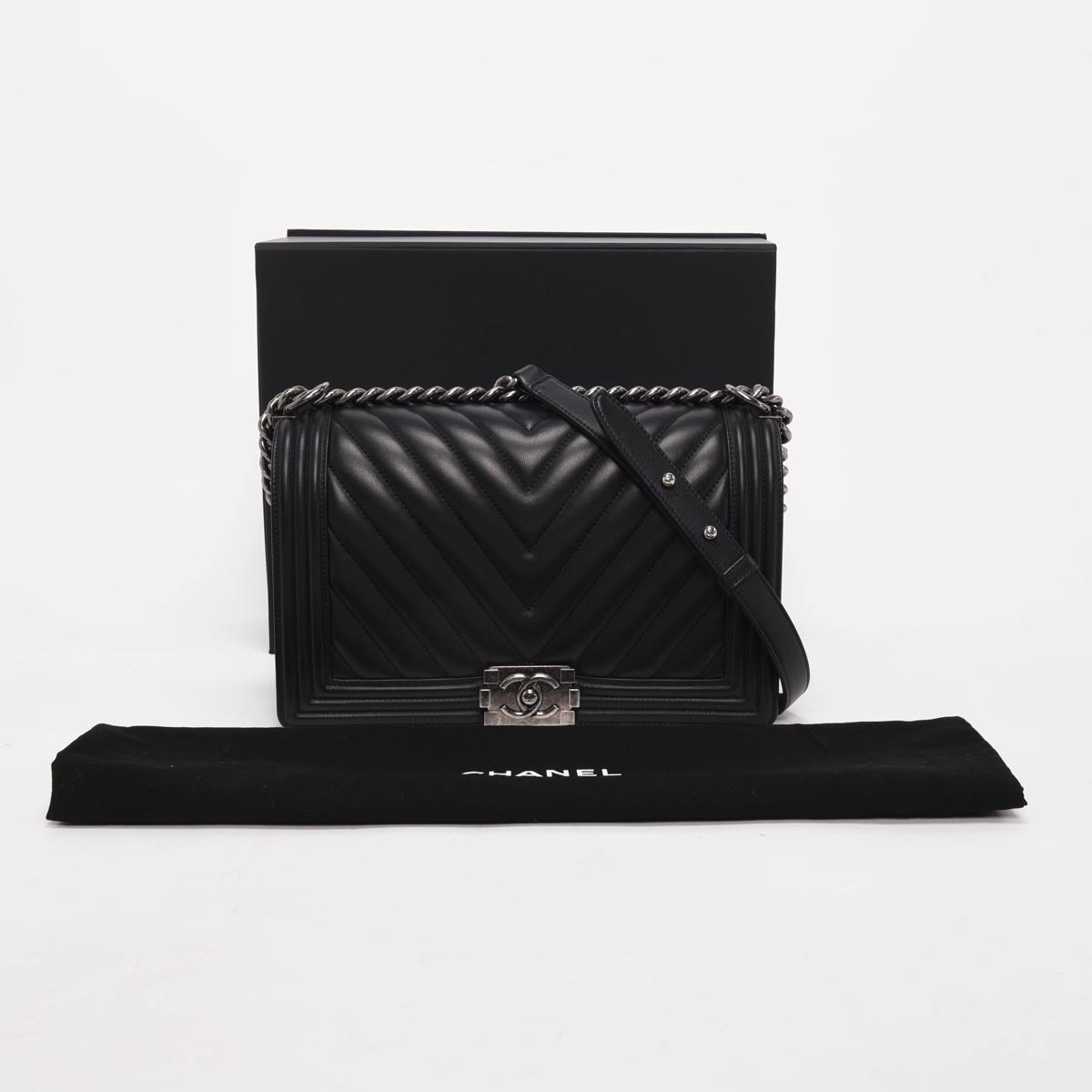 Chanel Black Chevron Lambskin Medium Boy Bag