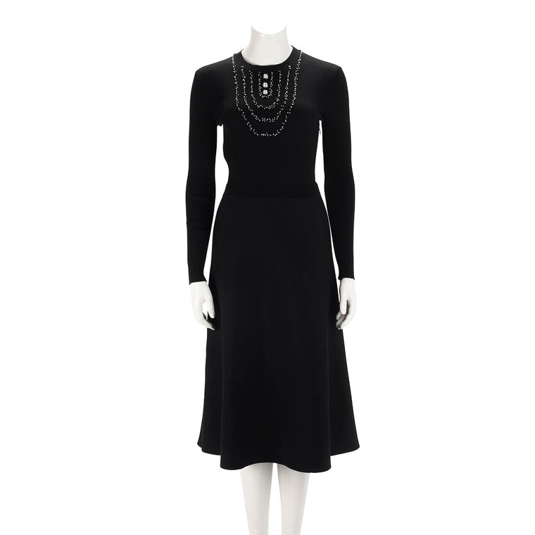 Chanel Black Wool Knit Beaded Midi Dress FR 38