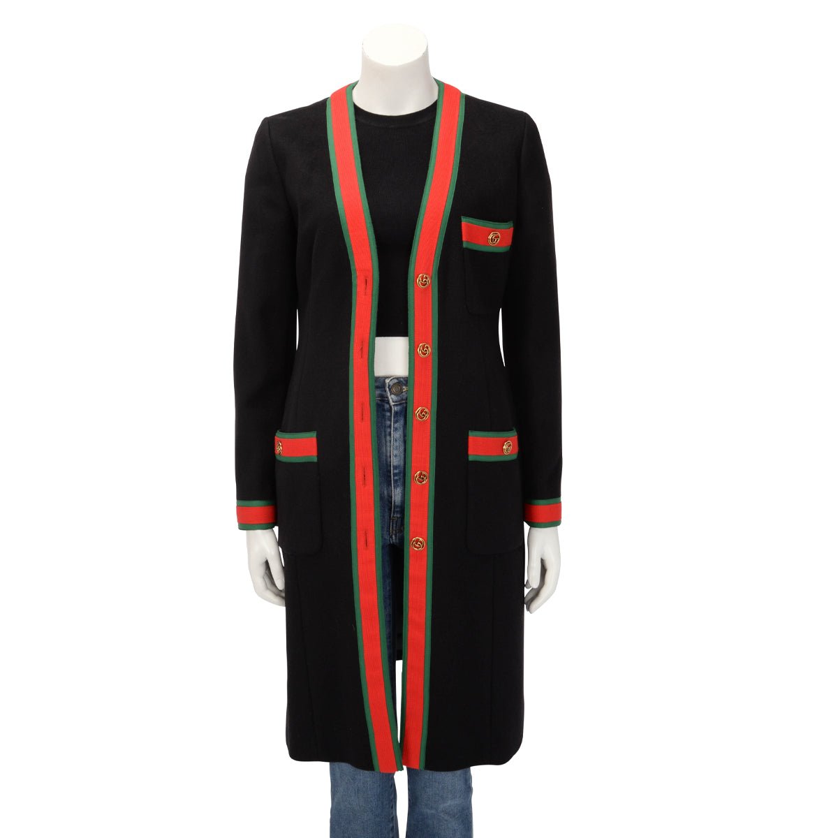 Gucci Black Wool GG Web Trim Longline Coat IT 42