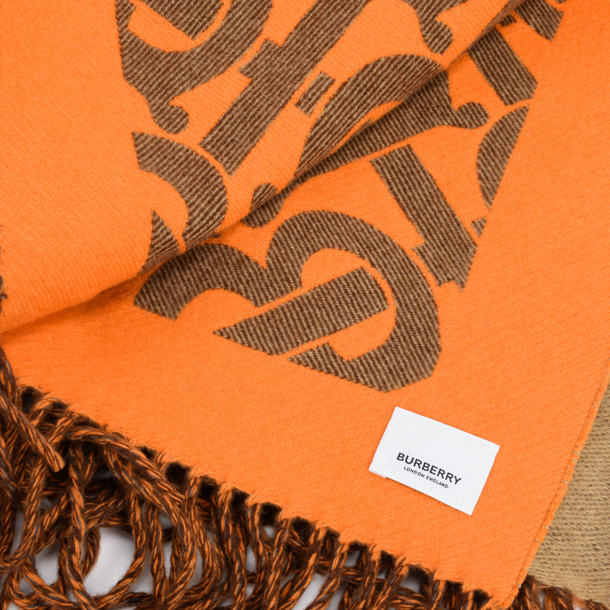 Burberry Orange TB Monogram Wool Fringed Throw