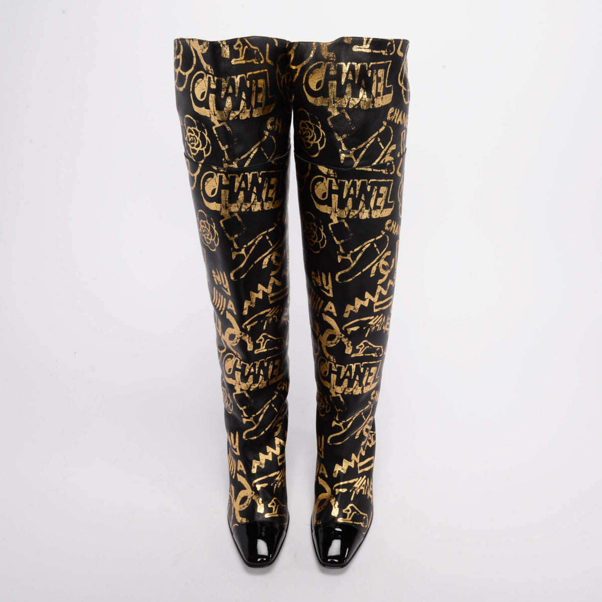 Chanel Black & Gold Lambskin Grafitti Boots 39