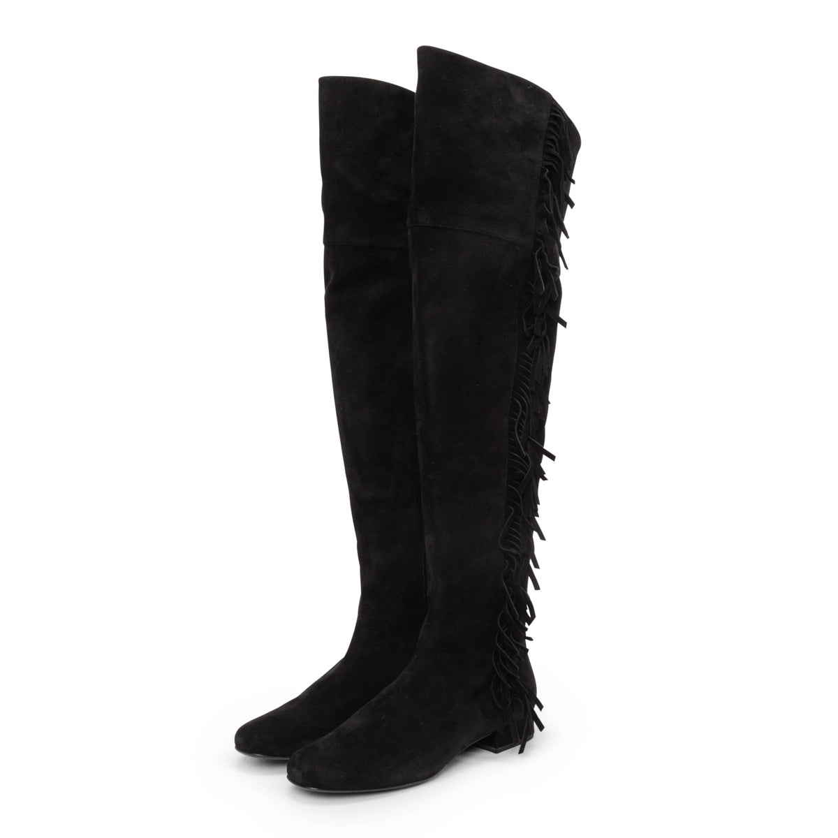 Saint Laurent Black Suede Fringed Over the Knee Boots 37