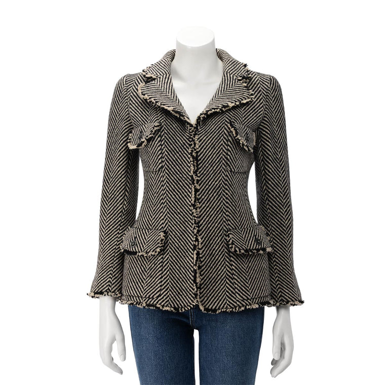 Chanel Black & Beige Wool Herringbone Jacket FR 36