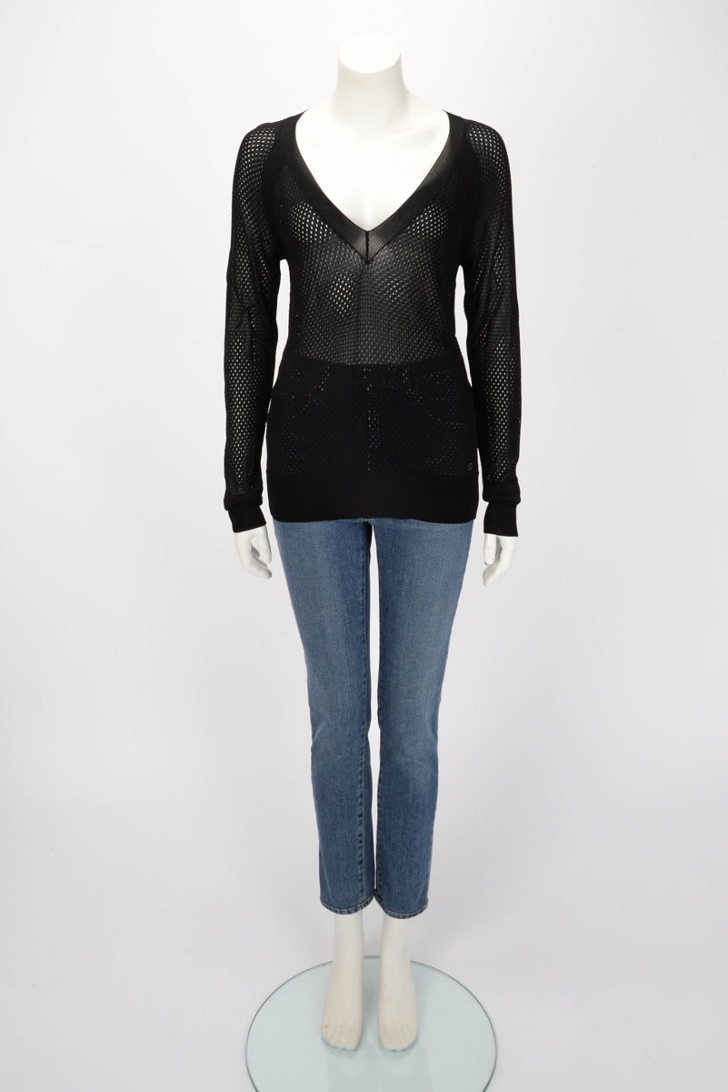 Gucci Black Lace Knit V-Neck Sweater L