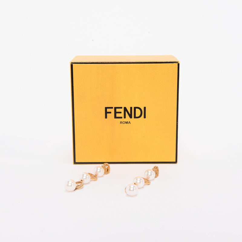 Fendi Gold Tone Crystal F Is Fendi Pearl Drop Earrings - Blue Spinach