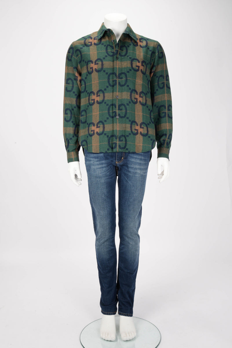 Gucci Green Wool Jumbo GG Check Shirt IT 44