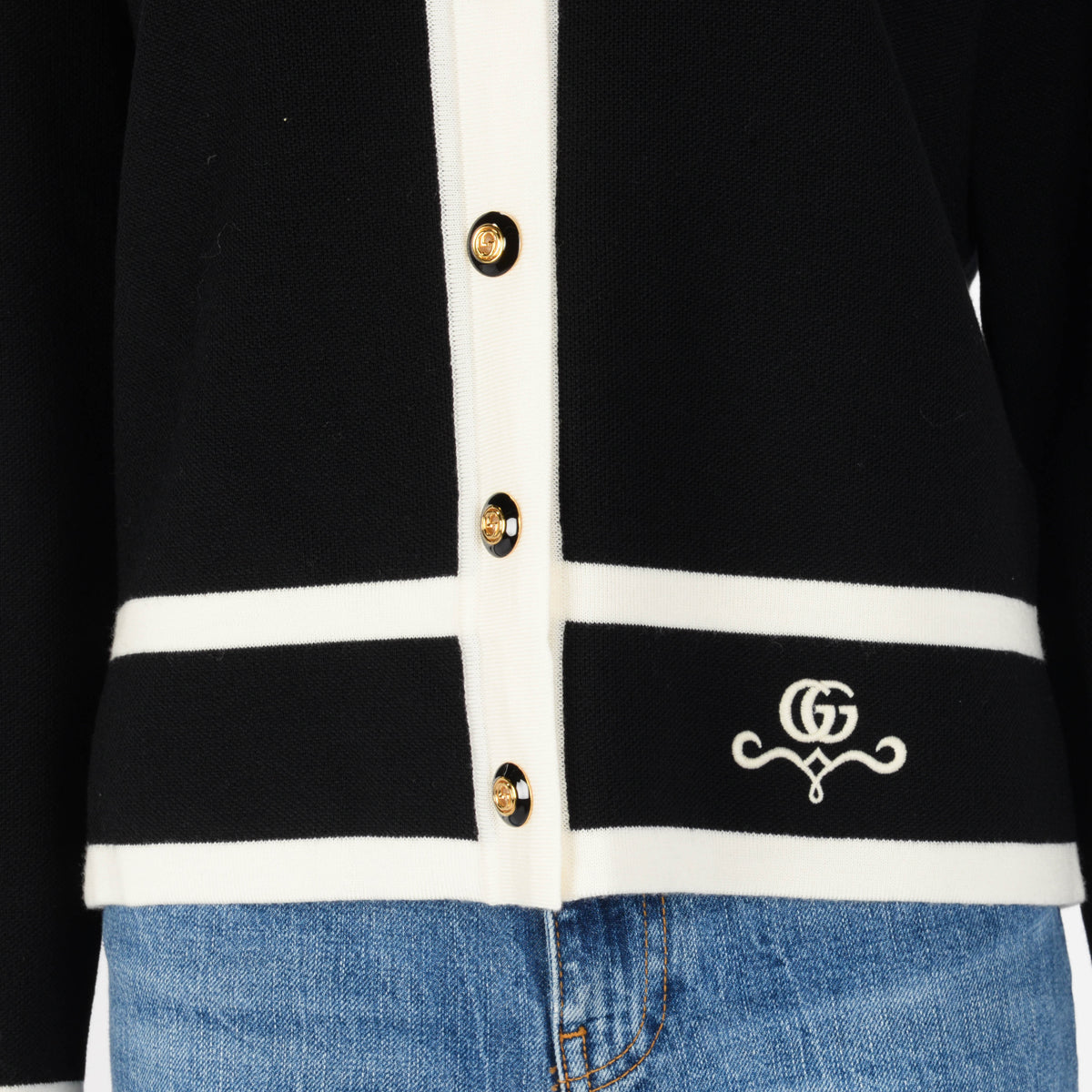 Gucci Black & Cream Wool Knit Logo Embroidered Cardigan M