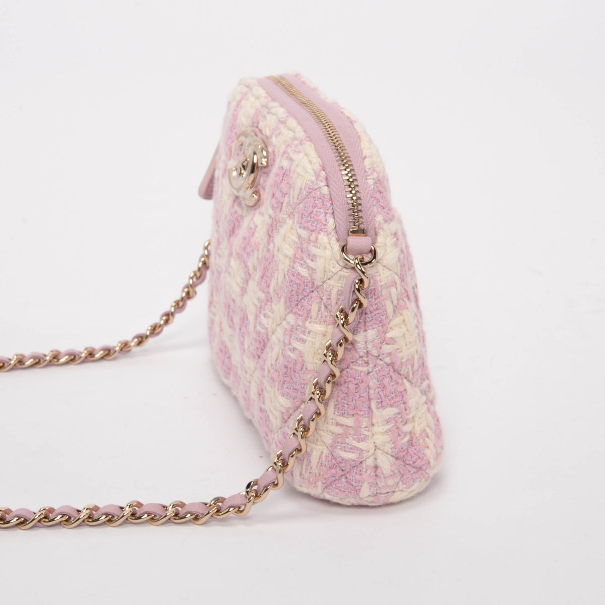 Chanel Pink & White Check Tweed Clutch With Chain