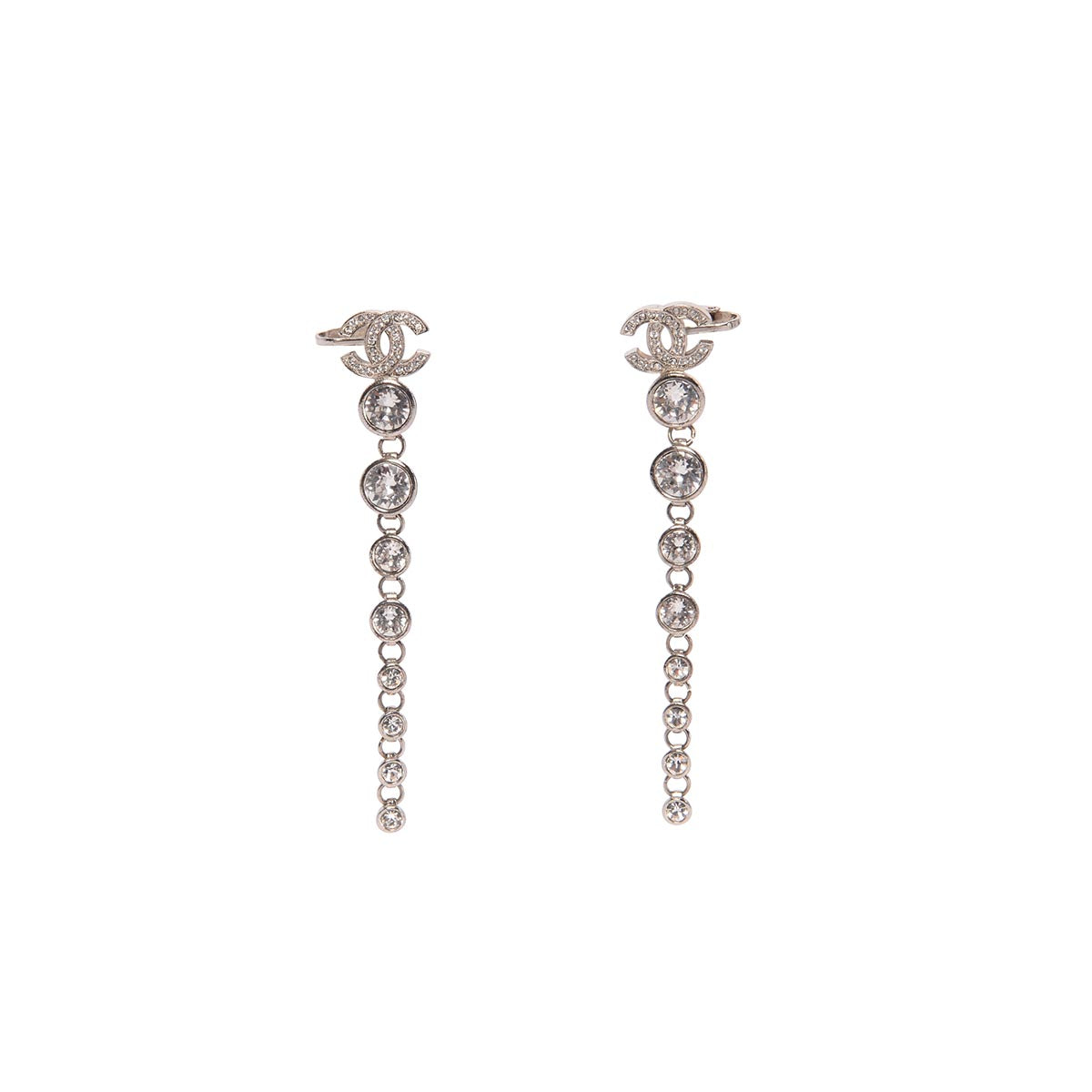 Chanel Silver Crystal CC Long Drop Earrings