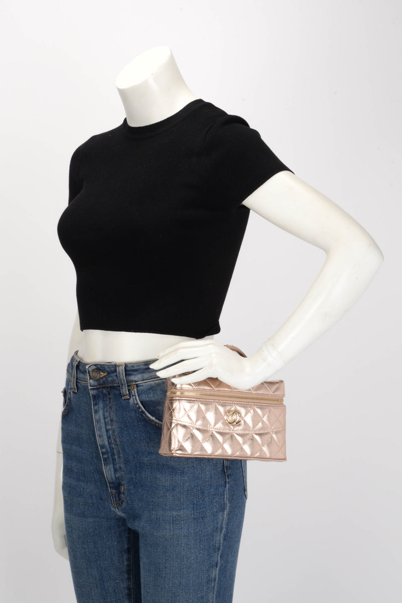 Chanel Rose Gold Quilted Caviar Top Handle Slim Vanity Case