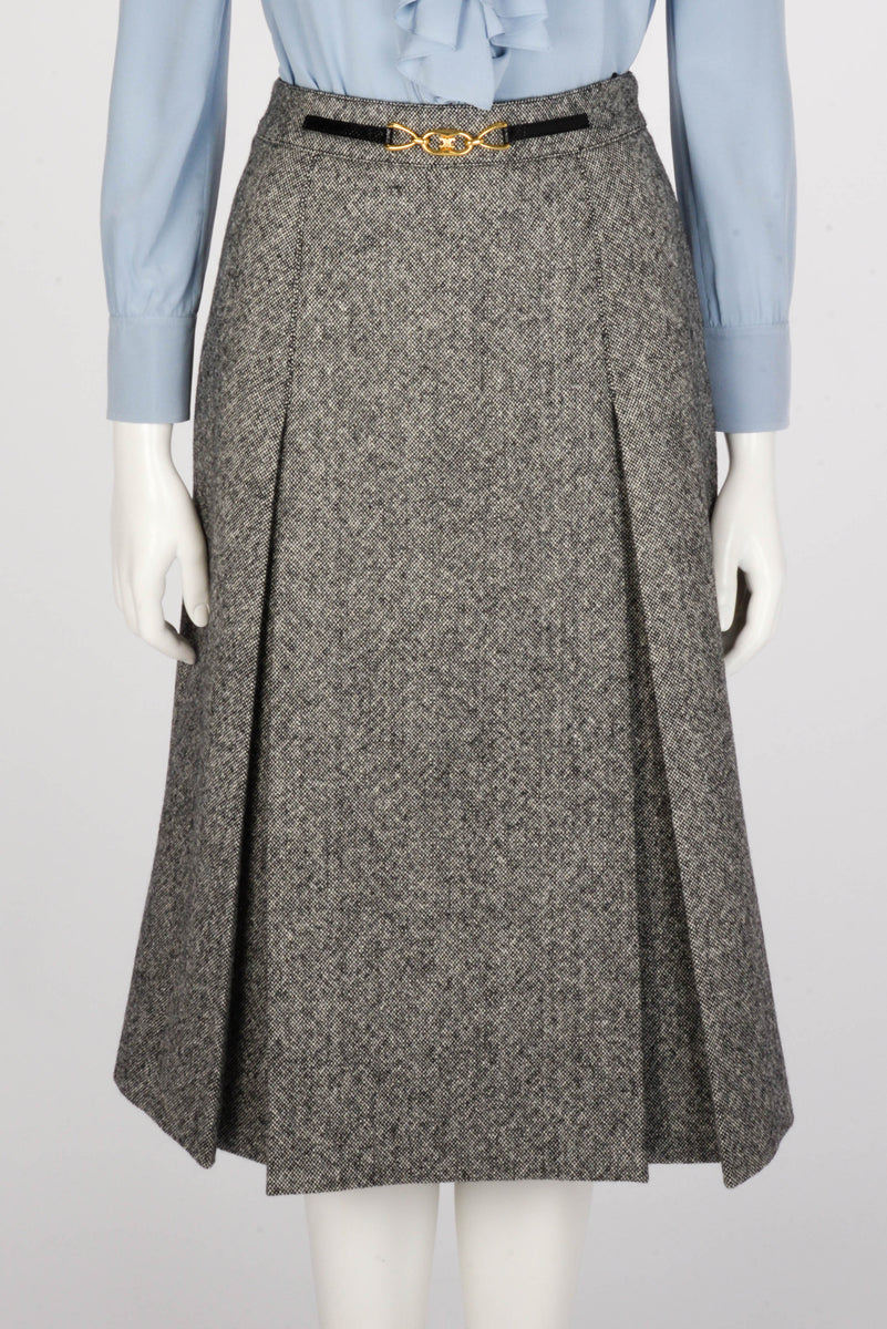 Celine Black & White Wool Tweed Buckle Detail Pleated Skirt FR 36