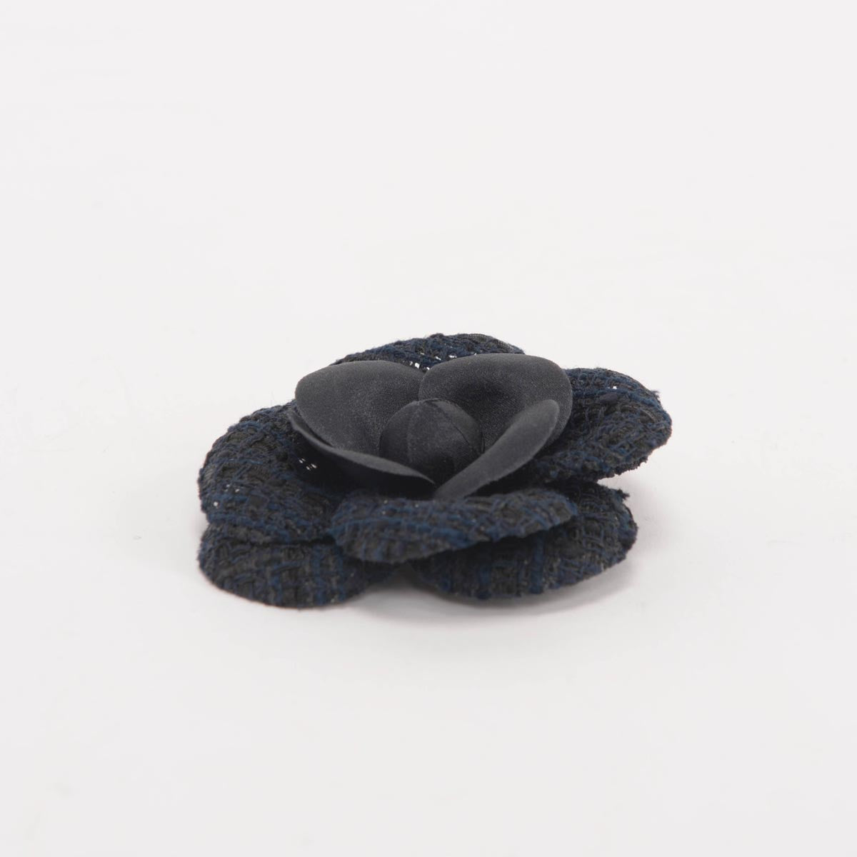 Chanel Navy & Black Tweed Camellia Brooch