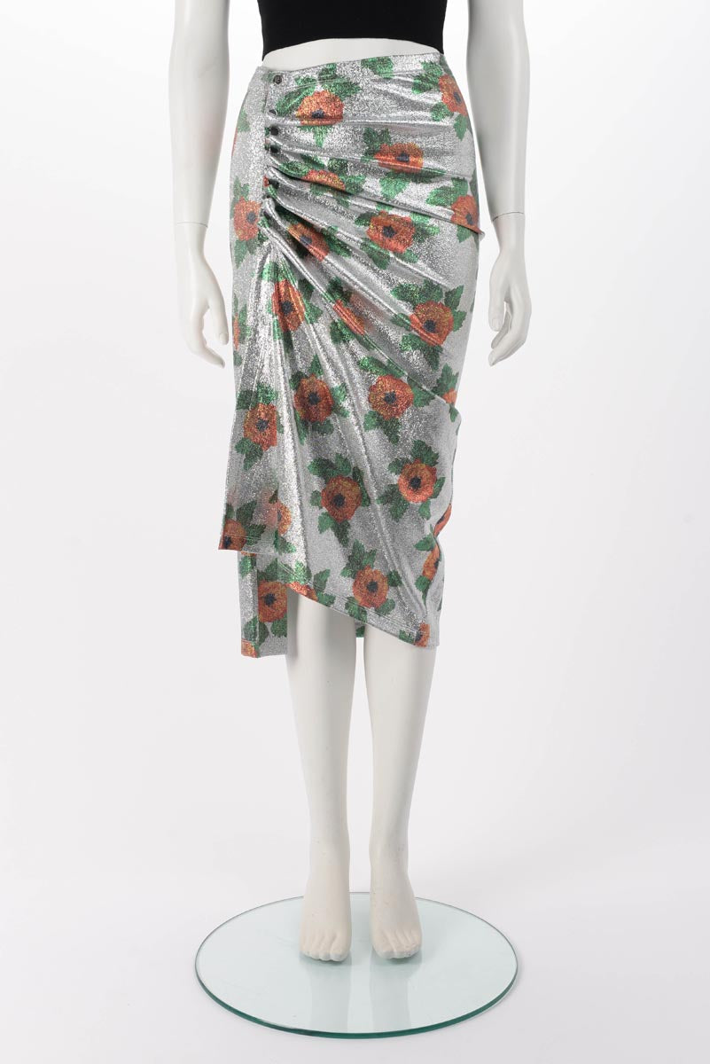 Paco Rabanne Silver Lurex Floral Print Ruched Skirt IT 36