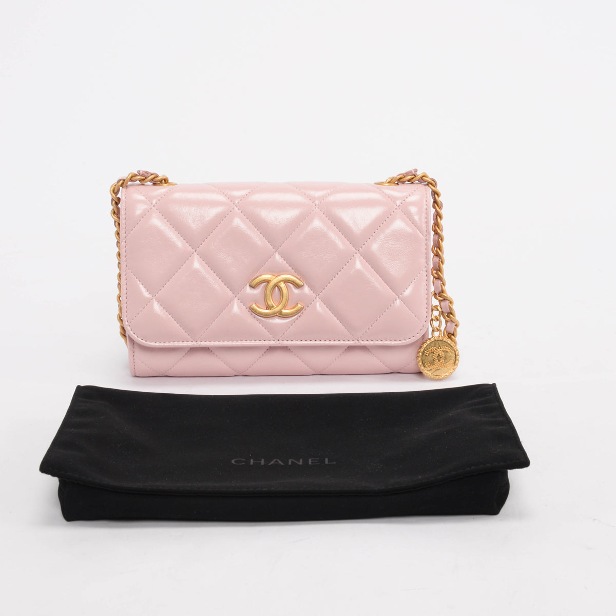 Chanel Pink Glossy Lambskin CC Medallion Wallet on Chain