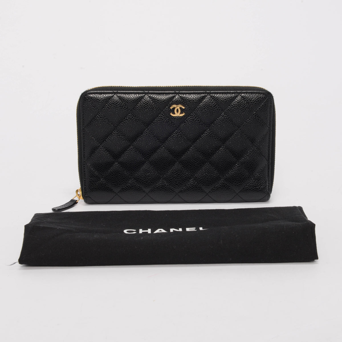 Chanel Black Quilted Caviar Large Zip Around Wallet