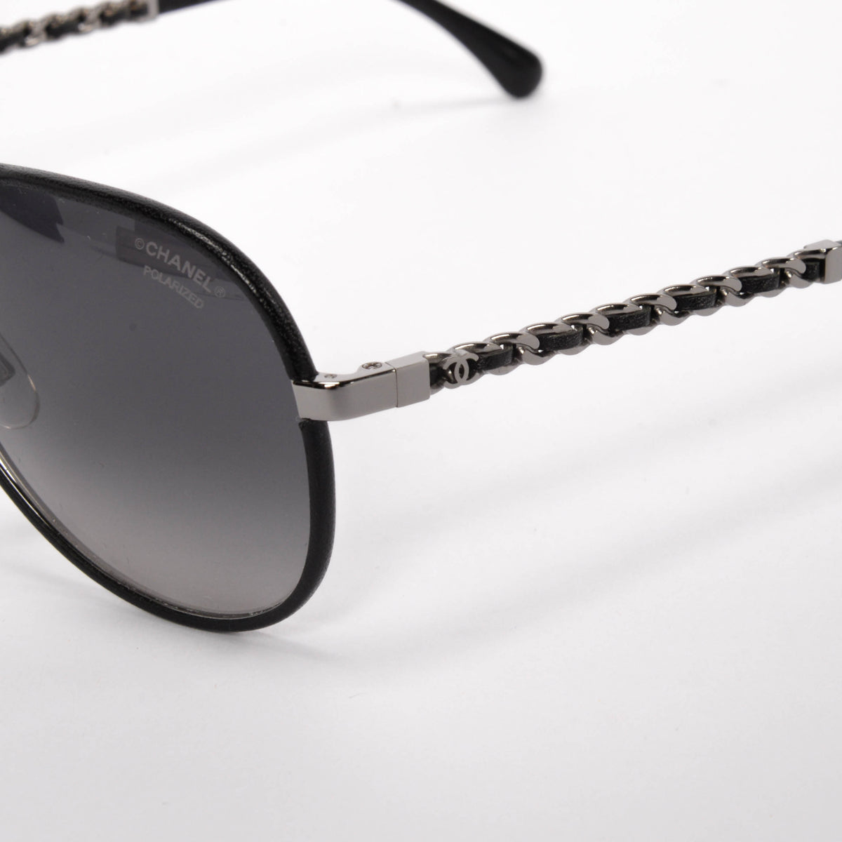 Chanel Black Leather CC Chain Pilot Sunglasses