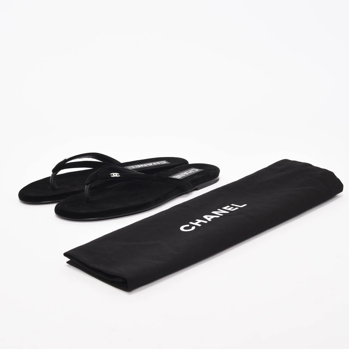 Chanel Black Velvet Crystal CC Thong Sandals 38.5