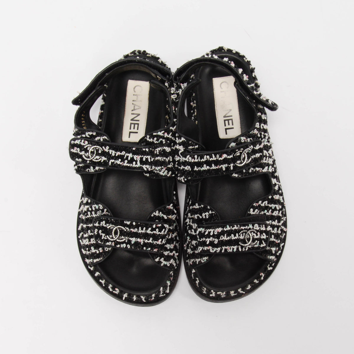 Chanel Black & White Tweed Crystal CC Dad Sandals 38.5
