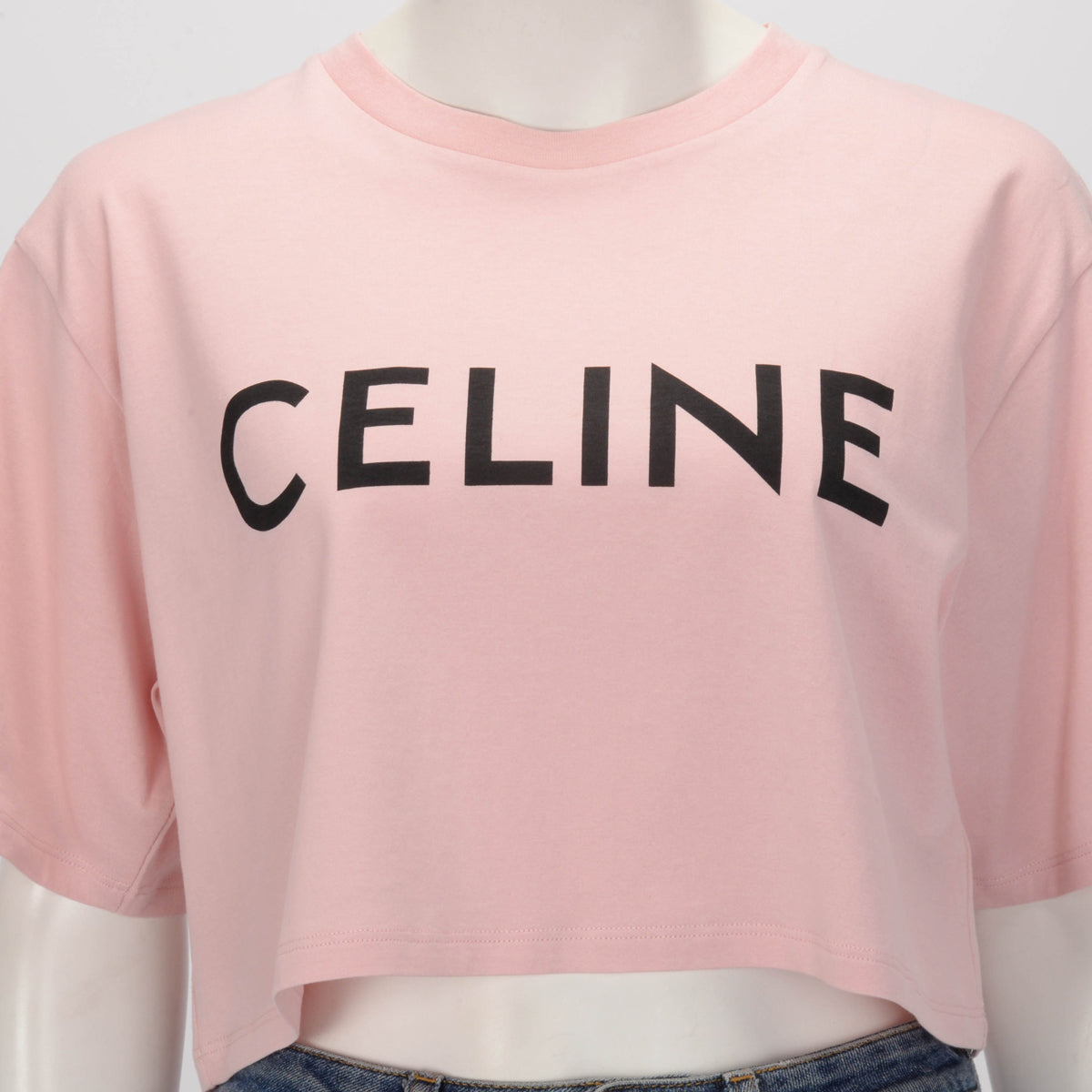 Celine Pink Cotton Logo Cropped T-Shirt M