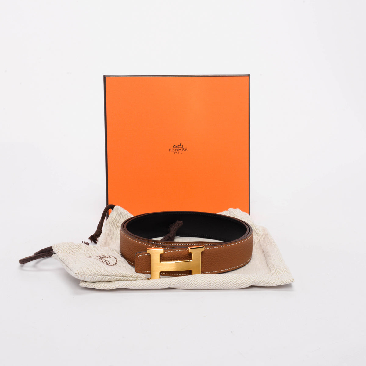 Hermes Black & Gold Box 135 & Togo Reversible H Buckle Belt 85