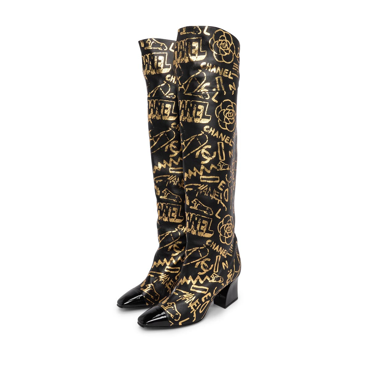 Chanel Black & Gold Lambskin Grafitti Boots 39