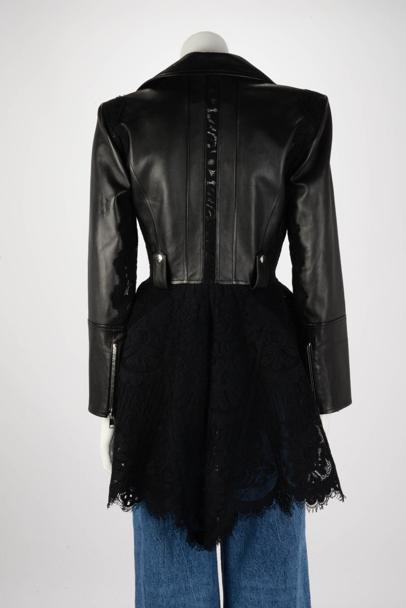 Alexander McQueen Black Leather & Lace Moto Jacket IT 40