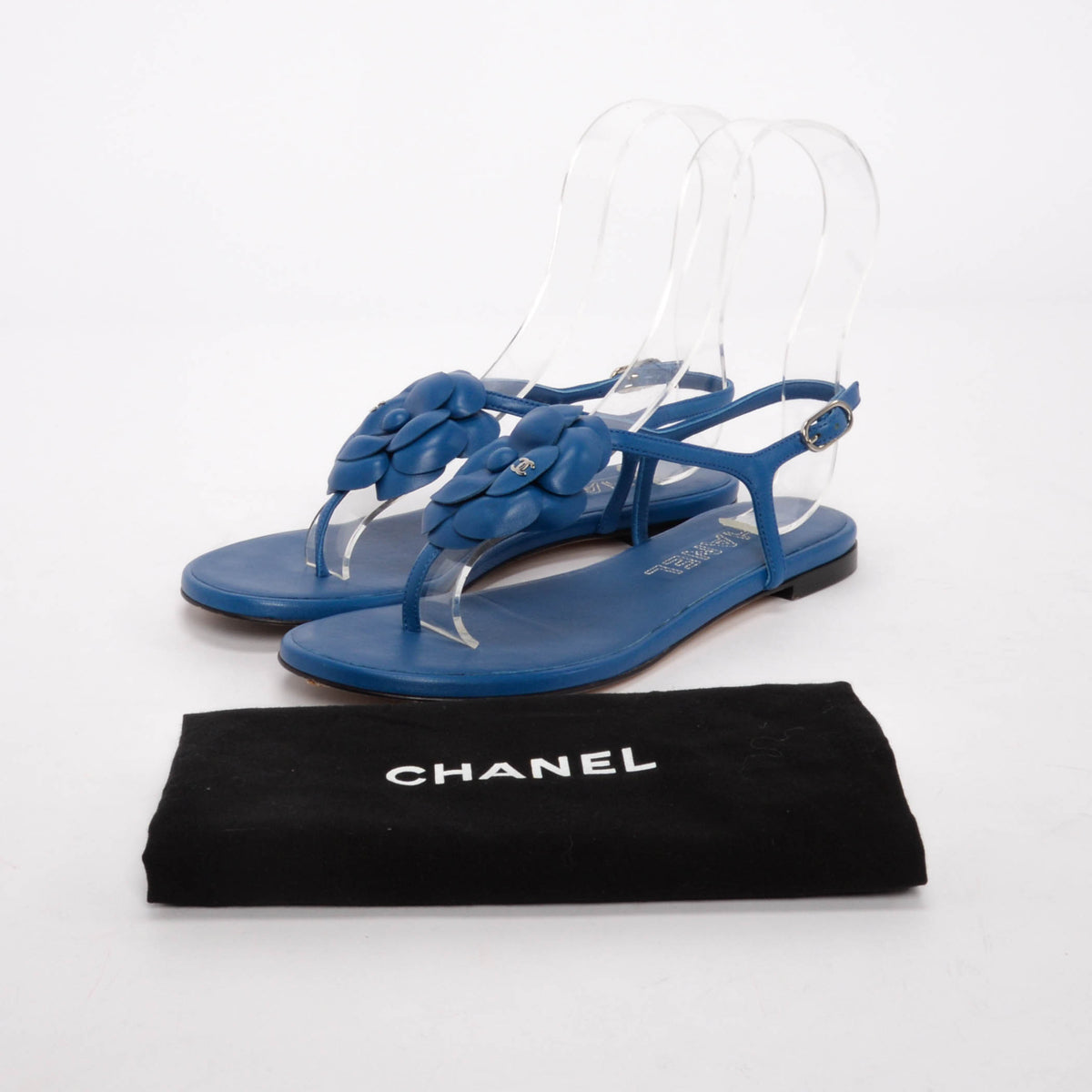 Chanel Blue Lambskin CC Camellia Thong Sandals 37
