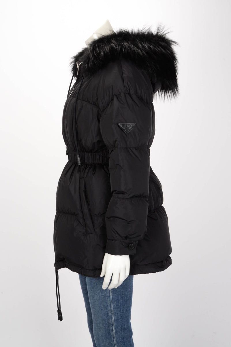 Prada Black Nylon & Fur Hooded Puffer Jacket IT 40