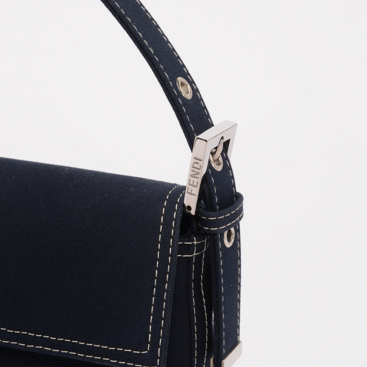 Fendi Navy Cotton Drill Enamel Clasp Baguette Bag