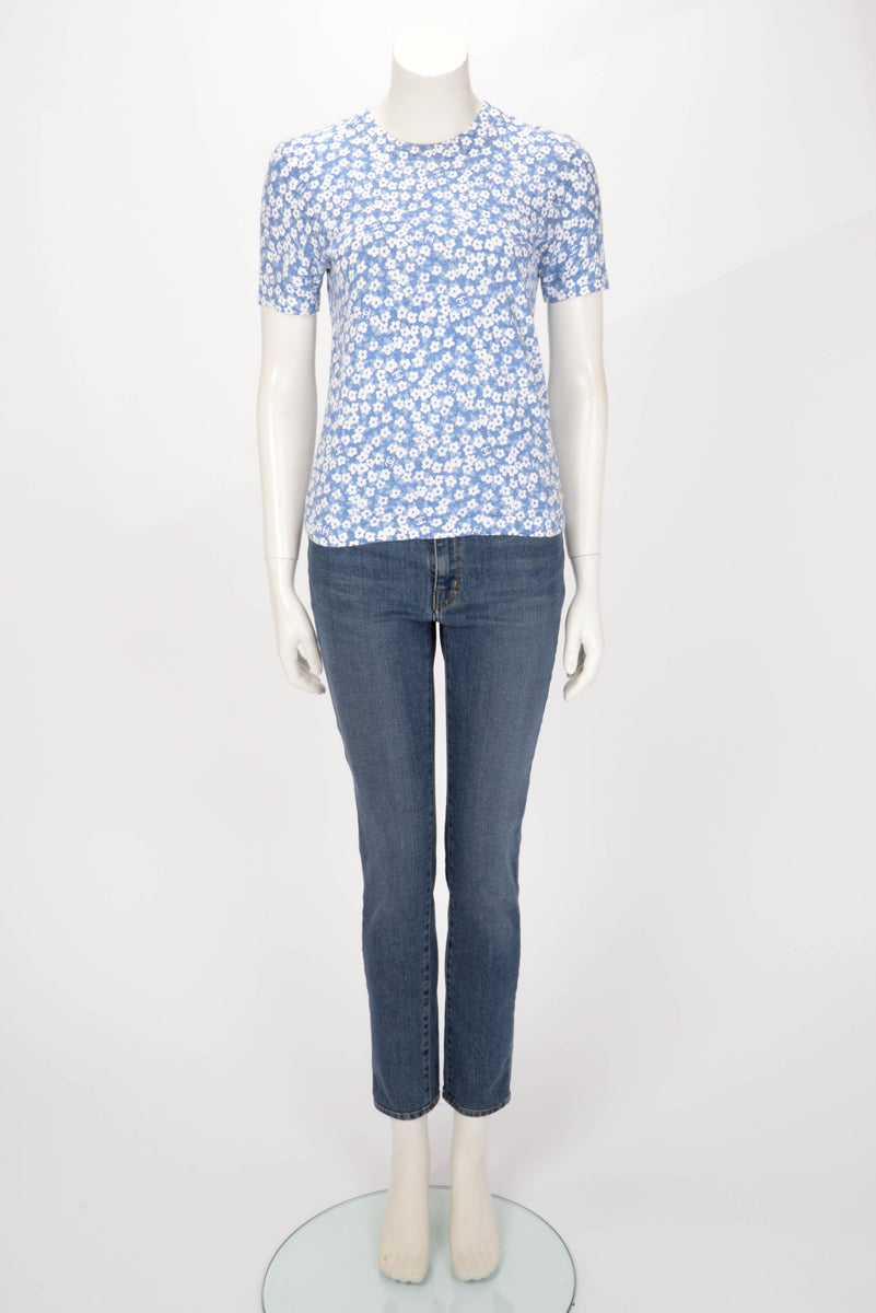 Chanel Blue Cotton Knit Floral CC T-Shirt FR 36