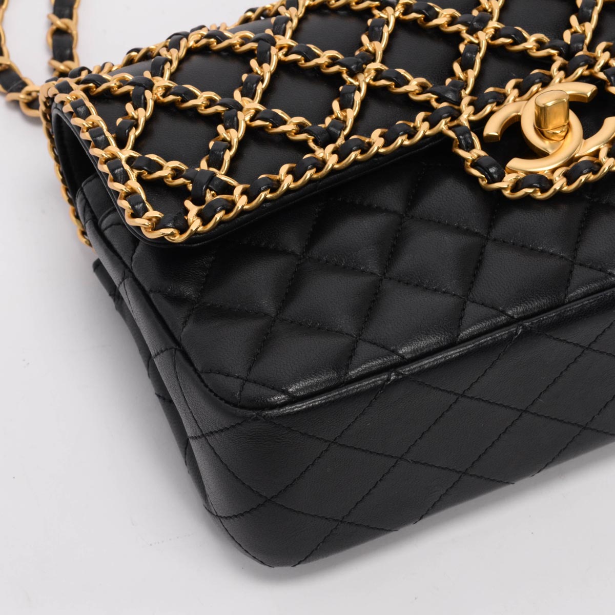 Chanel Black & Gold Lambskin Classic Woven Chain Flap Bag