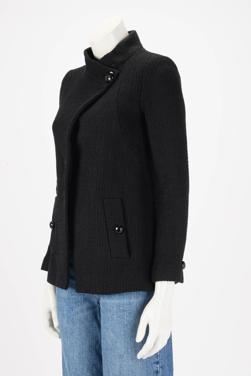 Chanel Black Cotton Tweed Wrap Front Jacket FR 34