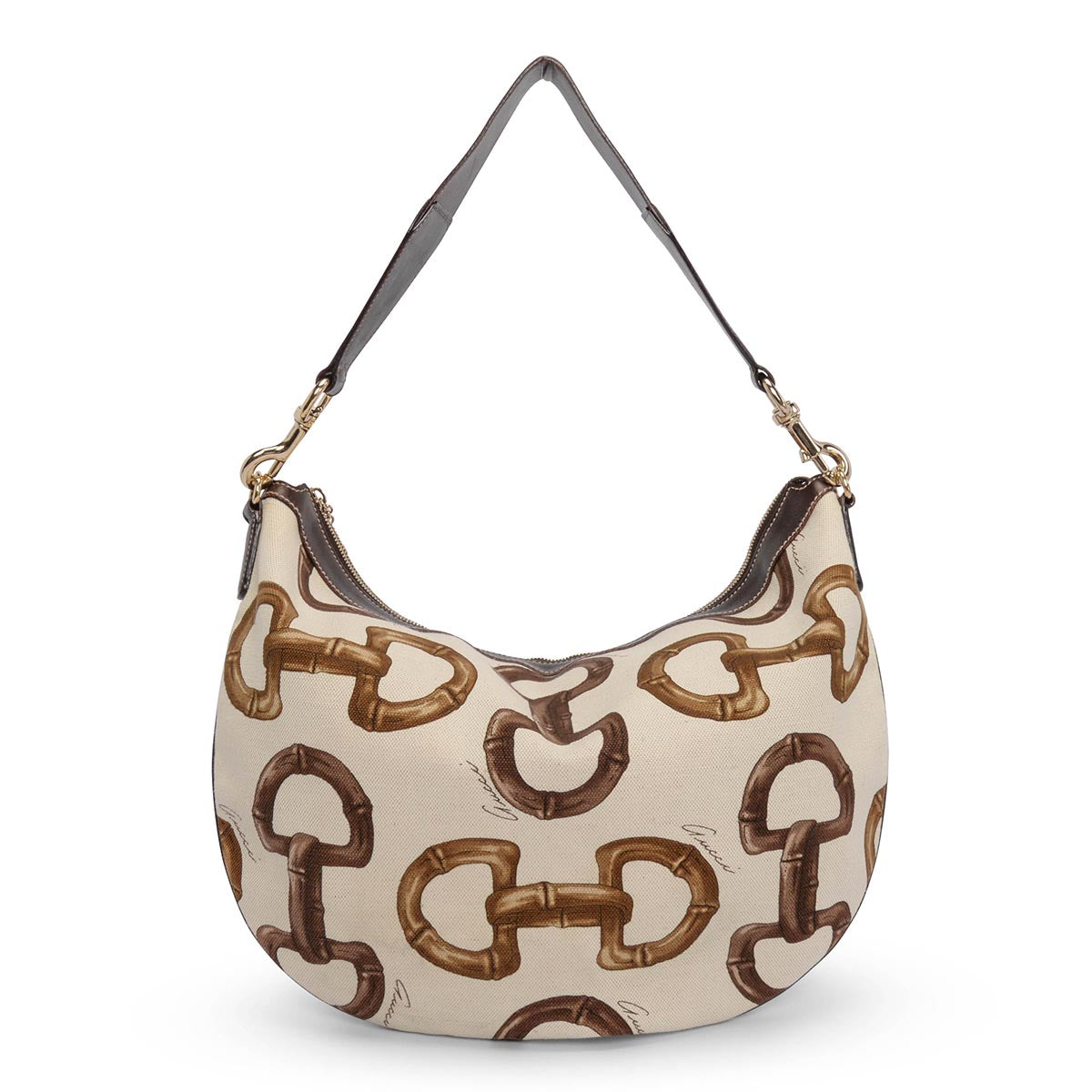 Gucci Brown Bamboo Horsebit Canvas Hobo Bag