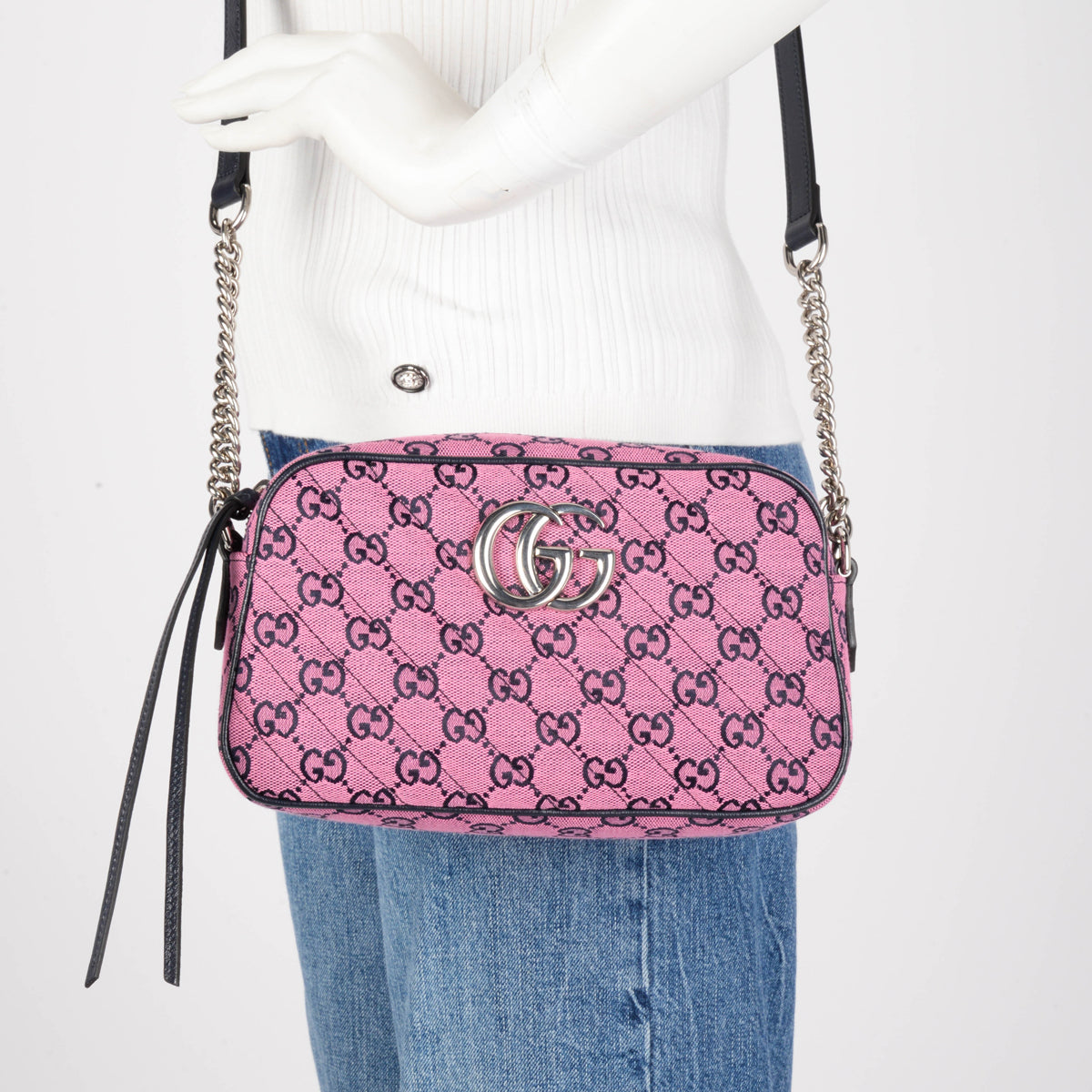 Gucci Pink & Navy GG Canvas Small Marmont Bag