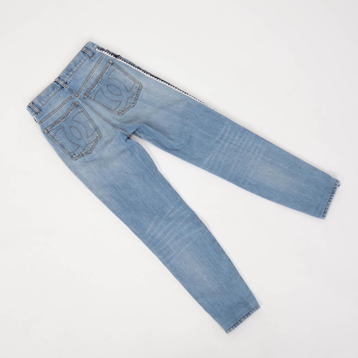 Chanel Blue Denim Braided Trim CC Pocket Jeans FR 34