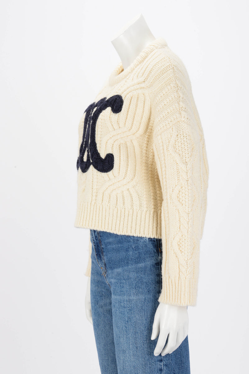 Celine Ecru Cable Knit Triomphe Cropped Sweater M